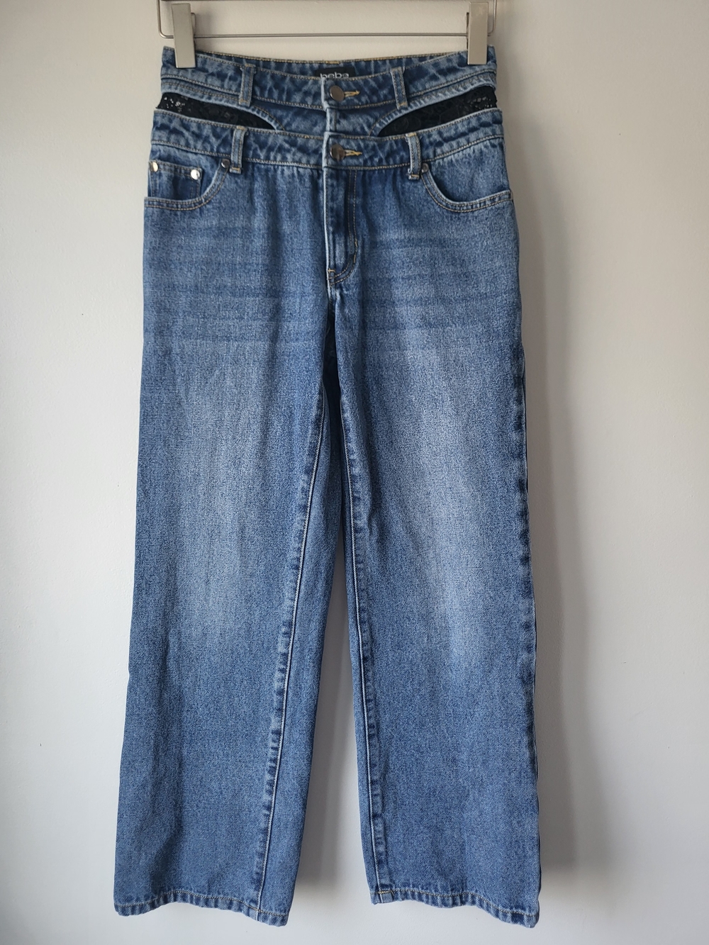 bebe Blue Straight Leg Double Waisted With Crochet Trim Coastal Cowgirl Jeans